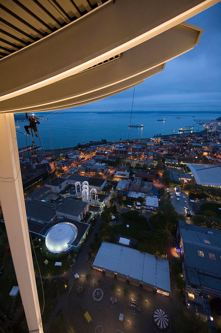 A Skala rope access technician pressure washes Seattle's iconic Space Needle using only heated high pressure pure water  on May 22, 2008. This is the Space Needle's first cleaning since it was built in 1962. German based company Karcher Gmbh is donating i