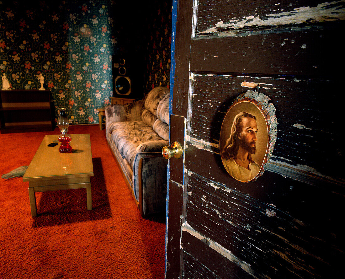 Detail of apartment door and interior of one of Matthew Shepard's killers, Laramie, WY.