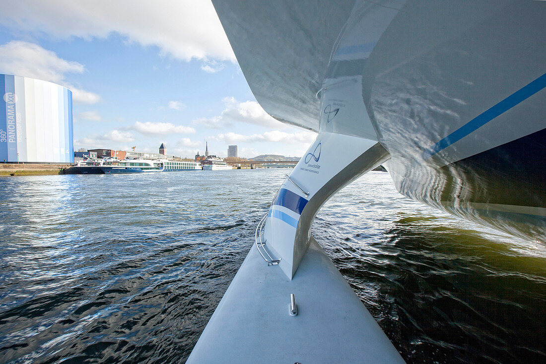 Trip on the Seine river with the Planet Solar yacht  between Rouen and the D'Amfreville lock. The MS T??ranor PlanetSolar is currently the largest solar boat ever built, Planet Solar was launched on March 31, 2010 after 3 years of feasibility studies, con