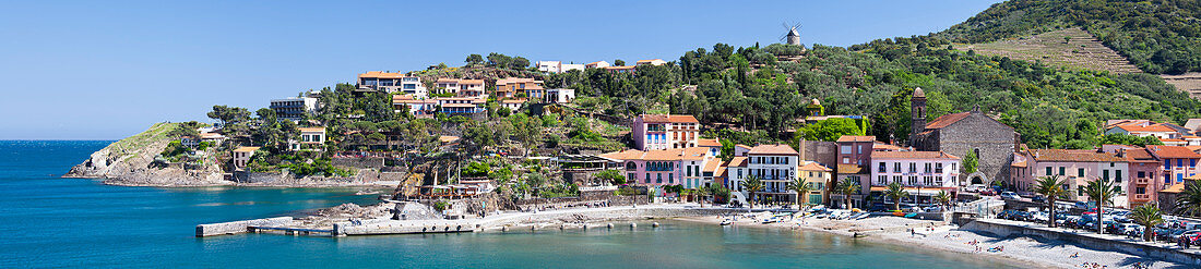 Panoramic View Of Beach And Harbor At Collioure