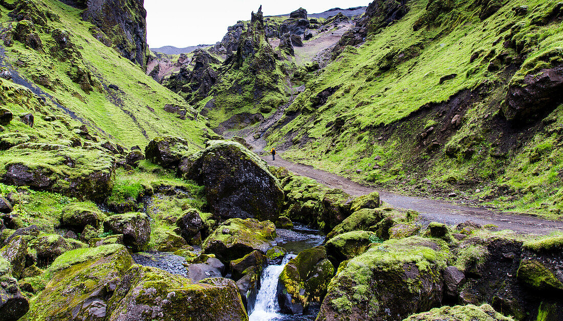 Long Exposure Of Man Walking In A Green Canyon In Iceland