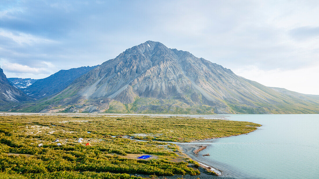 A Hikers Tent Camp Beside Turquoise Lake In Lake Clark National Park And Preserve, Alaska, Usa