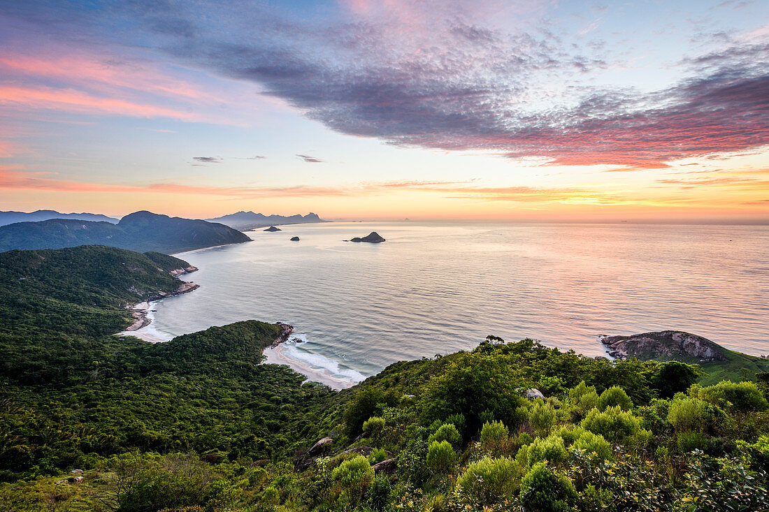 An idyllic view during sunrise from Pedra do Telegrafo in Barra de Guaratiba, Rio de Janeiro, Brazil