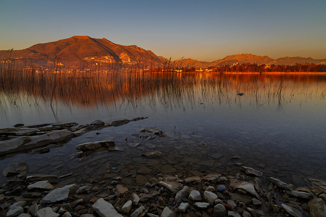 Sunset on Lake Pusiano from Casletto, Como and Lecco province, Brianza, Lombardy, Italy, Europe