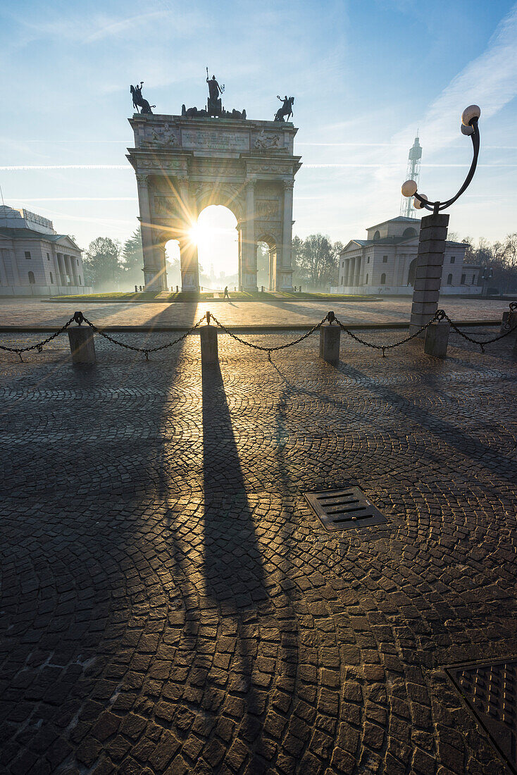 Milan, Lombardy, Italy,  Porta Sempione or Arco della Pace at sunrise