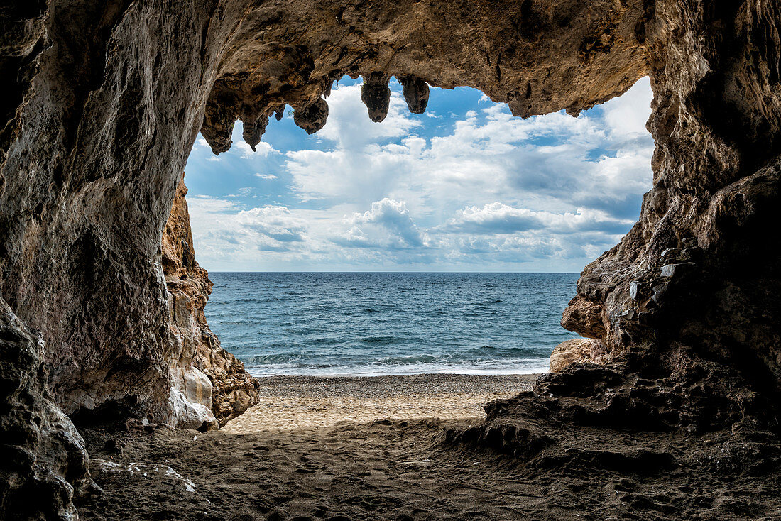 Italy, Campania, Cilento sea seen from inside fish cave