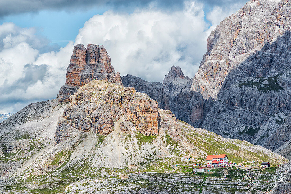 Trentino Alto Adige, Italy, Europe Park of the Tre Cime di Lavaredo, the Dolomite mountains taken during a day with clouds,  In the background you can see Mount Paterno and the refuge Locatelli