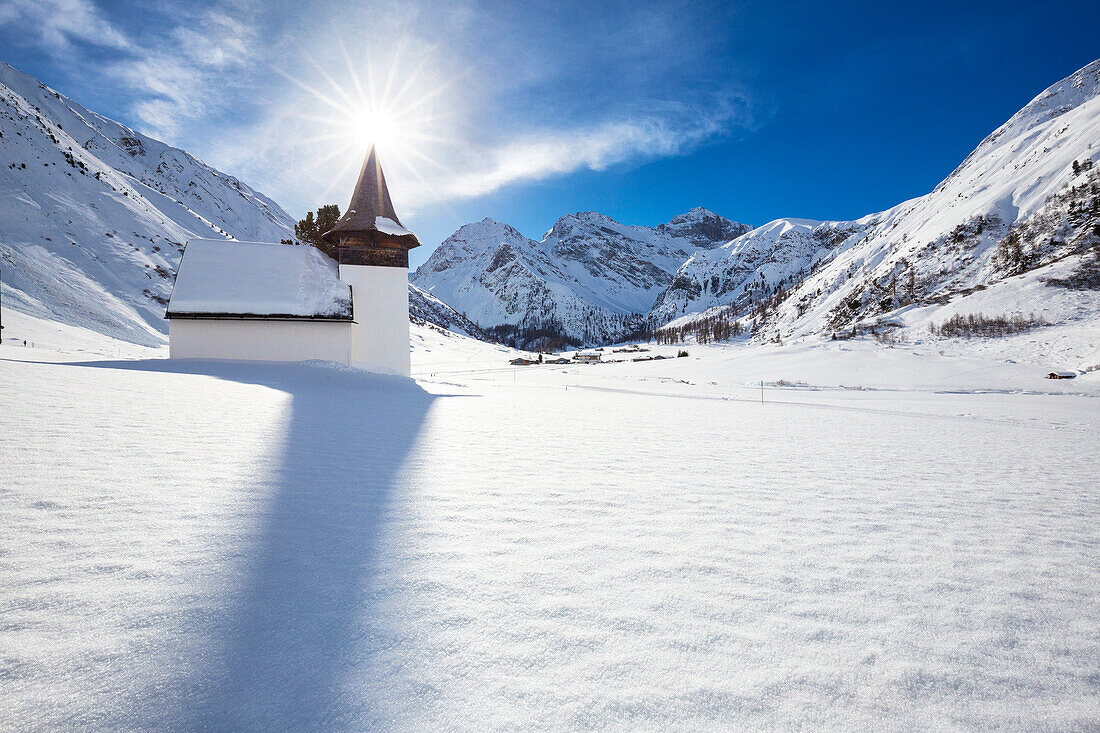 White typical church of Sertig Dorfli,  Sertigtal, Graubuenden, Canton Grigioni , Prattigau, Prattigovia , Davos, Switzerland, Europe