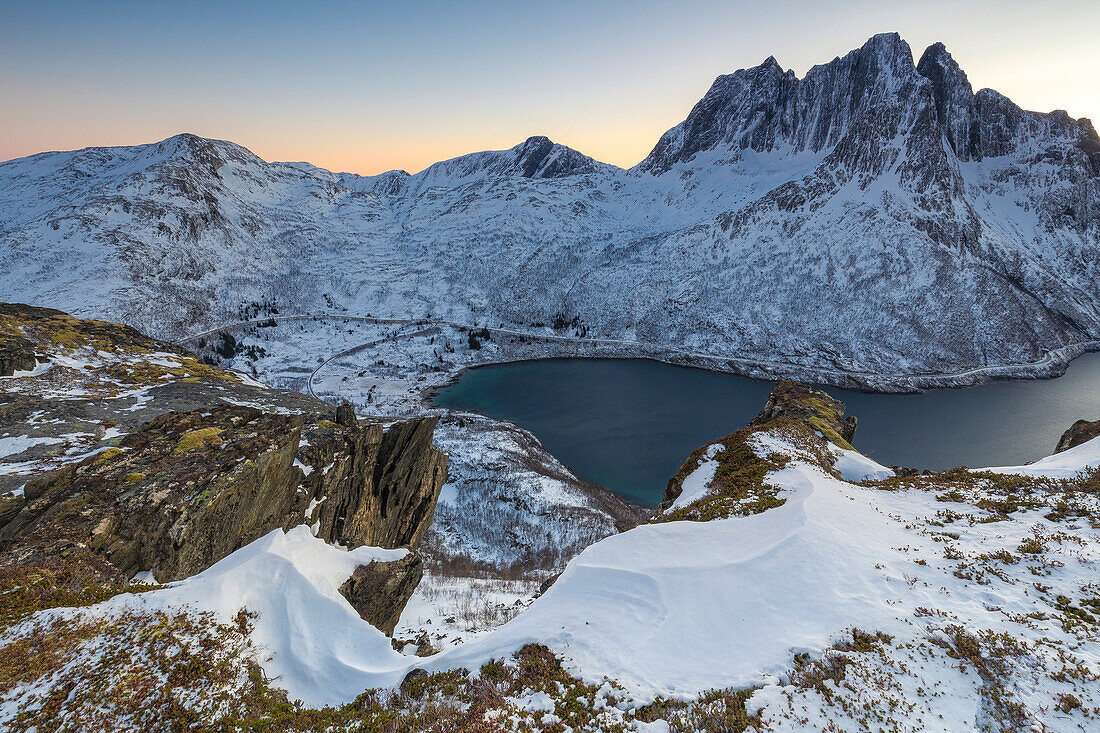 View of the houses of Mefjordbotn, dominated by Breidtinden, Barden, Mefjordbotn, Mefjorden, Senja, Norway, Europe