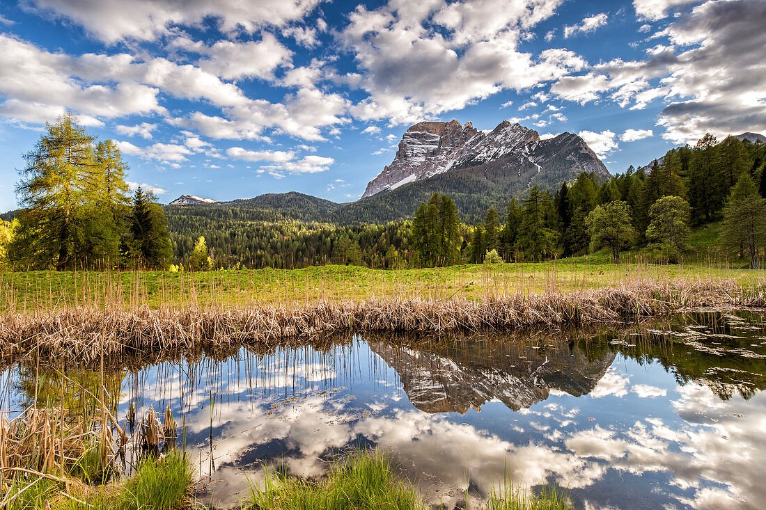 Mount Pelmo spiegelt sich in einem Teich, San Vito di Cadore, Belluno Bezirk, Veneto, Italien, Europa