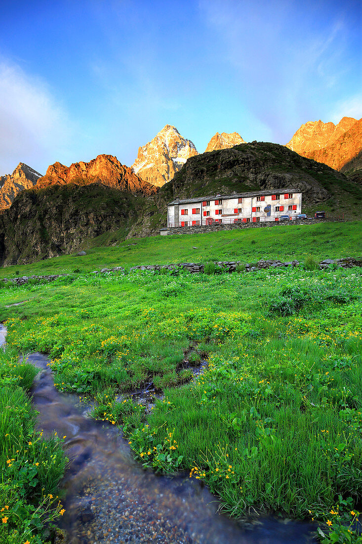 Sunrise in Pian del Re refuge, Crissolo village, Cuneo district, Pidmont, Italy