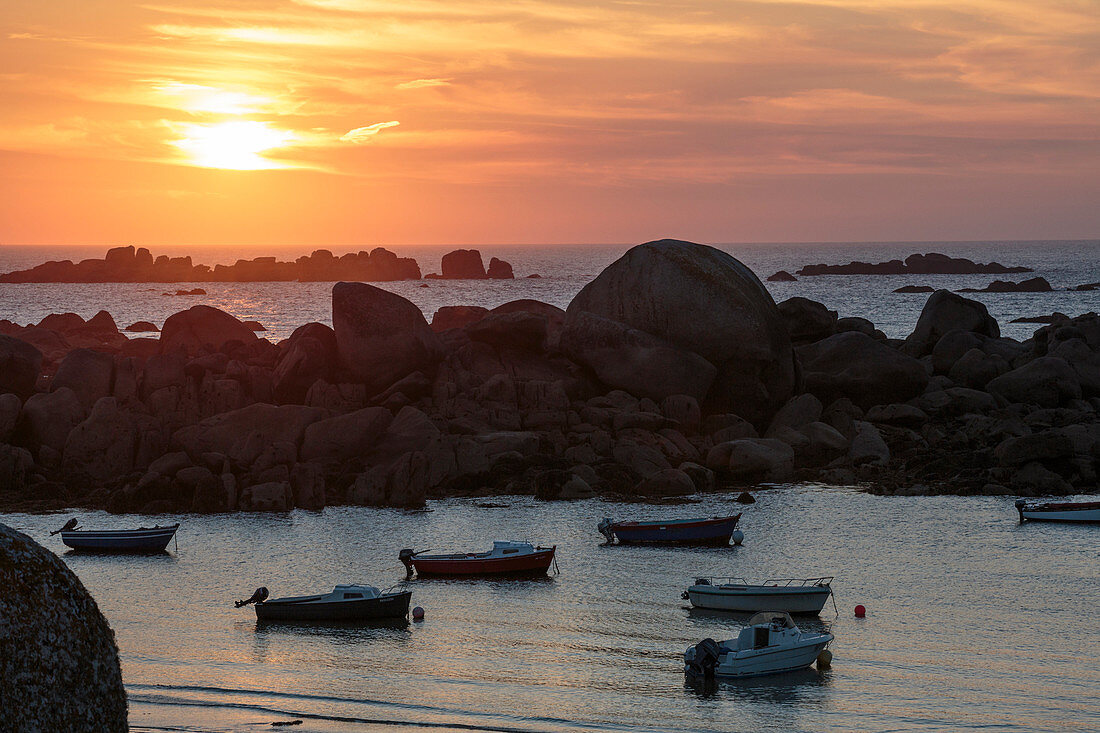 Sunset in the bay of Pontusval lighthouse,  Brignogan Plage, Finistère, Brittany, France