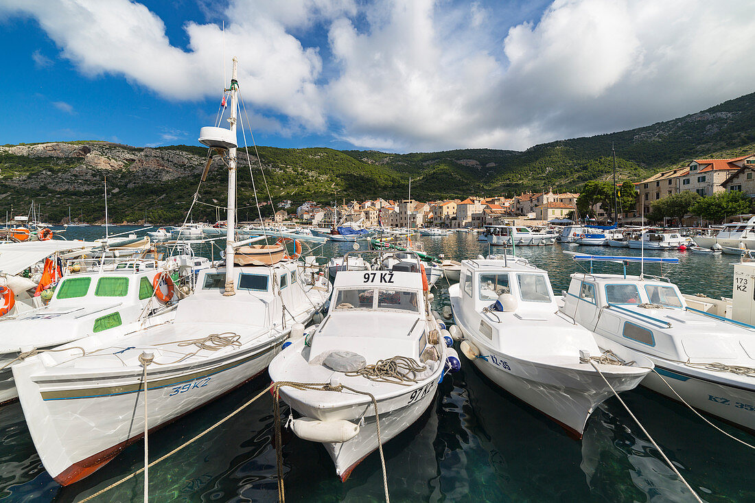 View of Komiza village and its port , Komiza, Vis, Vis Island, Split-Dalmatia county, Dalmatia region, Croatia, Europe