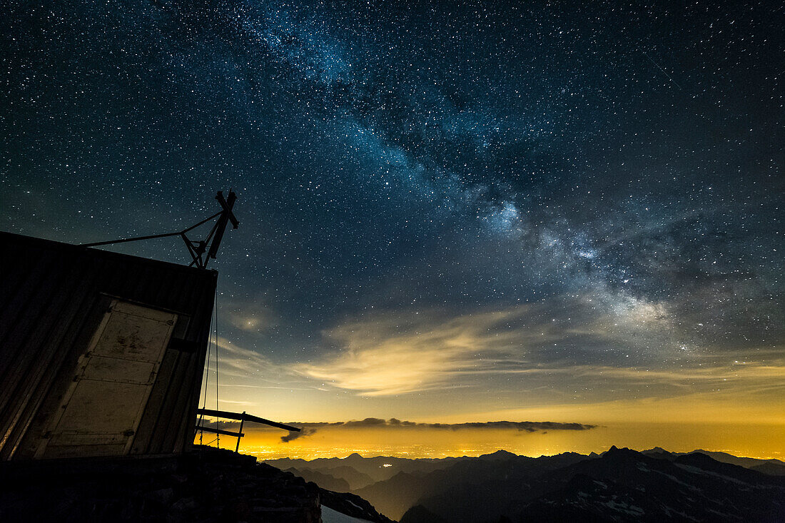 The Chapel of the Gnifetti refuge in Monte Rosa Massif under the starry sky and the Milky Way , Gressoney, Lys Valley, Aosta province, Aosta Valley, Italy, Europe