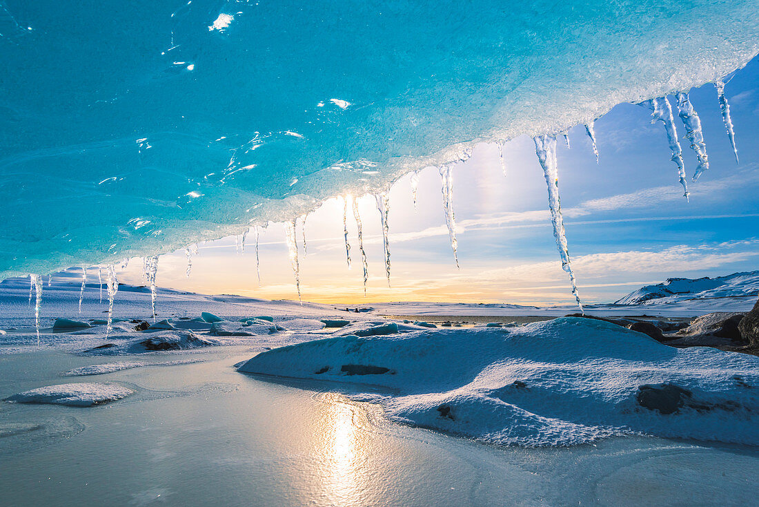 Fjallsarlon glacier lagoon frozen in winter, East Iceland, Iceland
