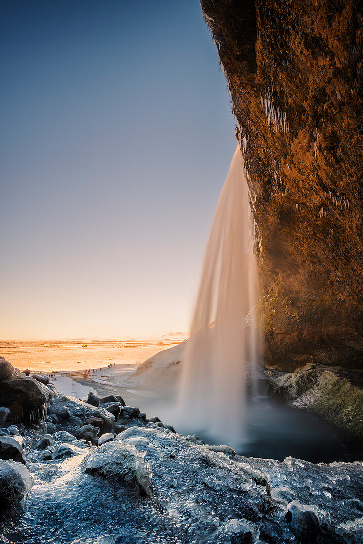 Seljalandfoss waterfall frozen in winter, Iceland