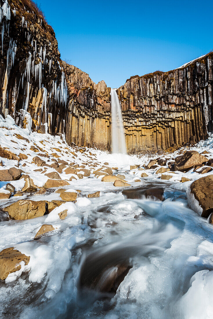 Svartifoss waterfall in winter, Skaftafell national park, East Iceland, Iceland