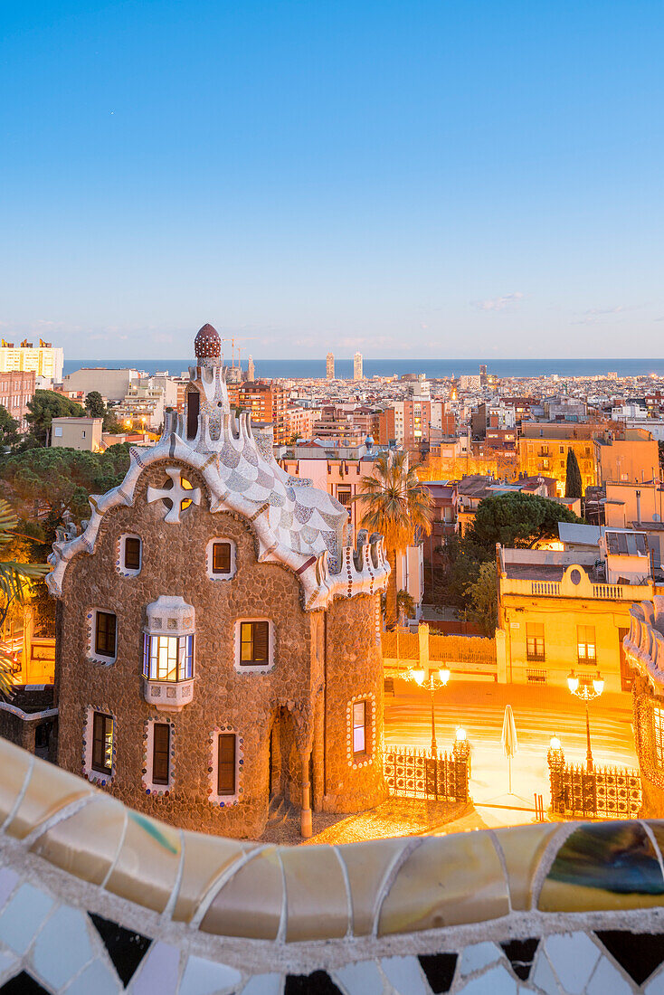 Barcelona, Catalonia, Spain, Southern Europe,  Antonie Gaudi's architecture in Park Guell at dusk