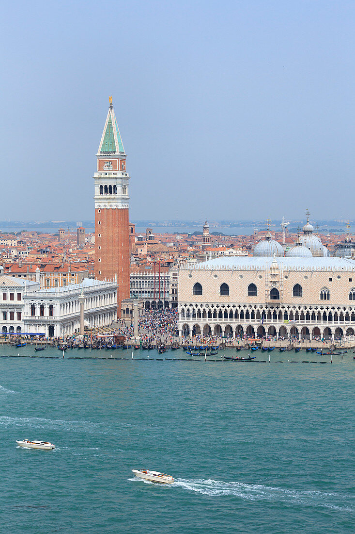 Europe, Italy, Veneto, Venice,  St,  Mark bell tower and square, Doge's palace and domes of St,  Mark's Basilica