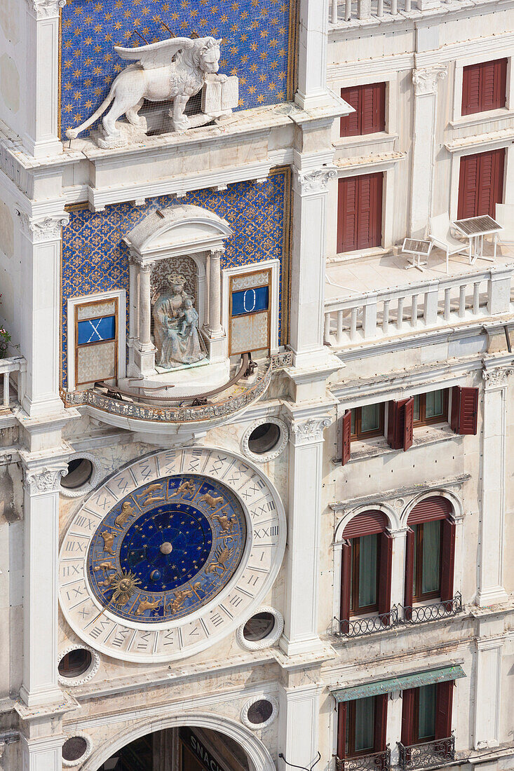Europe, Italy, Veneto, Venice,  Detail of the Clock seen from the Bell Tower, St,  Marks, Square