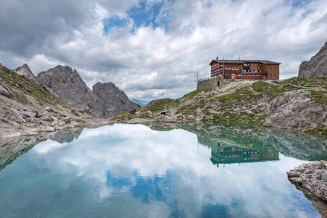 Lienz Dolomites, East Tyrol, Austria,  The Karlsbader hut and the Lake Laserz