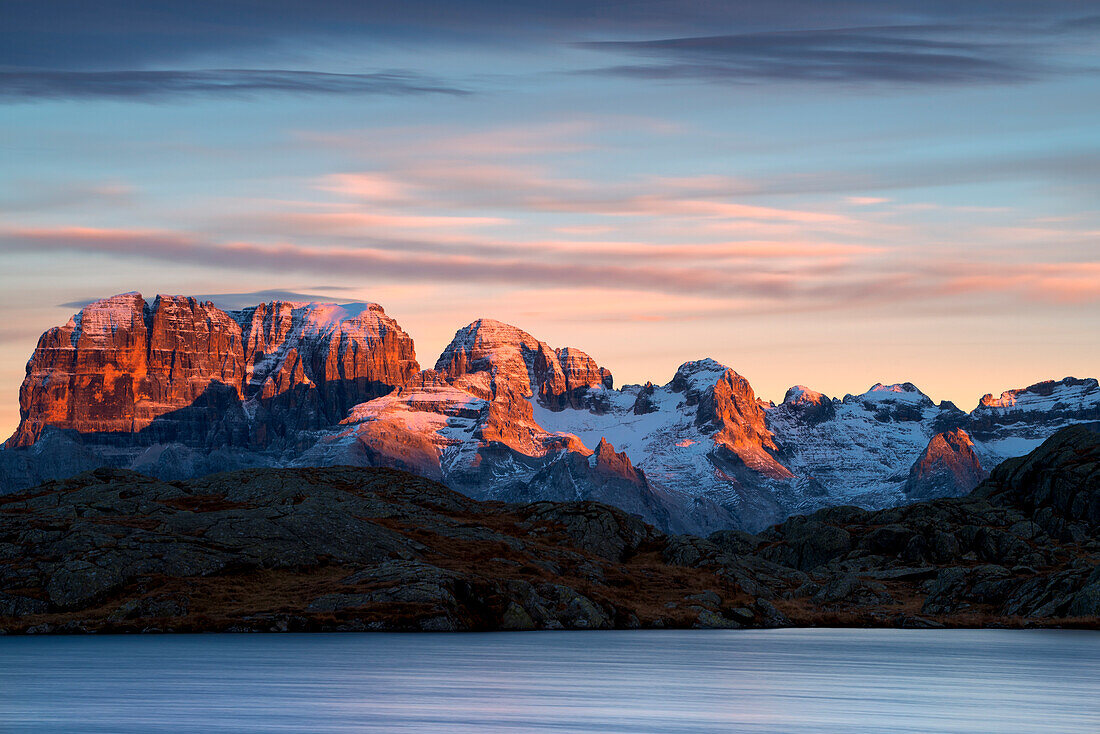 Brenta dolomites view from Lago Nero of Cornisello, Adamello Brenta natural park, Trento province, Trentino Alto Adige district, Italy, Europe