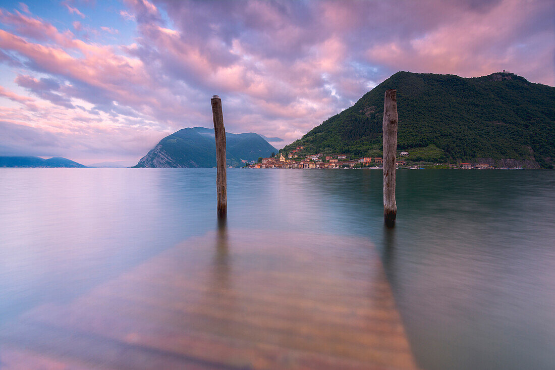 Iseo lake at dawn, Brescia province, Lombardy region, Italy, Europe