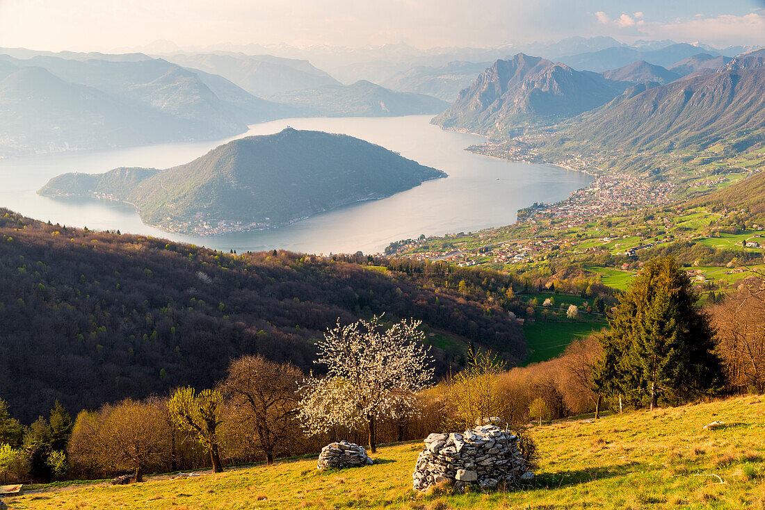 Sunset over Iseo lake and Montisola, Brescia province, Italy, Lombardy district, Europe