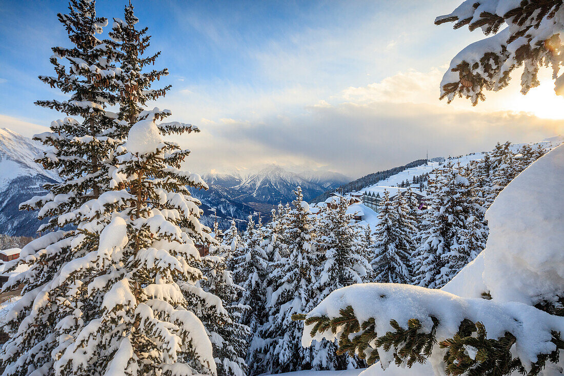 Snowy woods and trees framed by the winter sunset Bettmeralp district of Raron canton of Valais Switzerland Europe