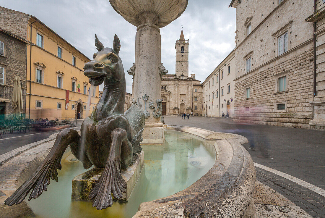 The decorated fountain frames the Cathedral in Arringo Square Ascoli Piceno Marche Italy Europe