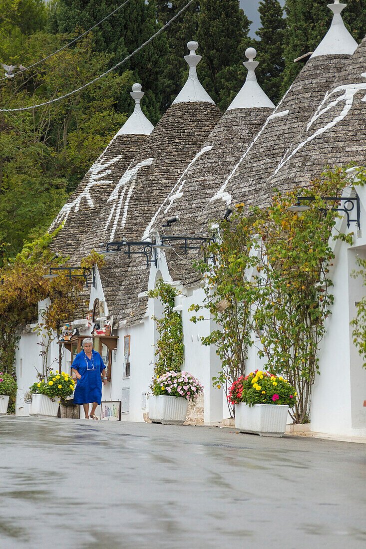 Die traditionellen Hütten namens Trulli gebaut mit trockenem Stein mit einem konischen Dach Alberobello Provinz Bari Apulien Italien Europa