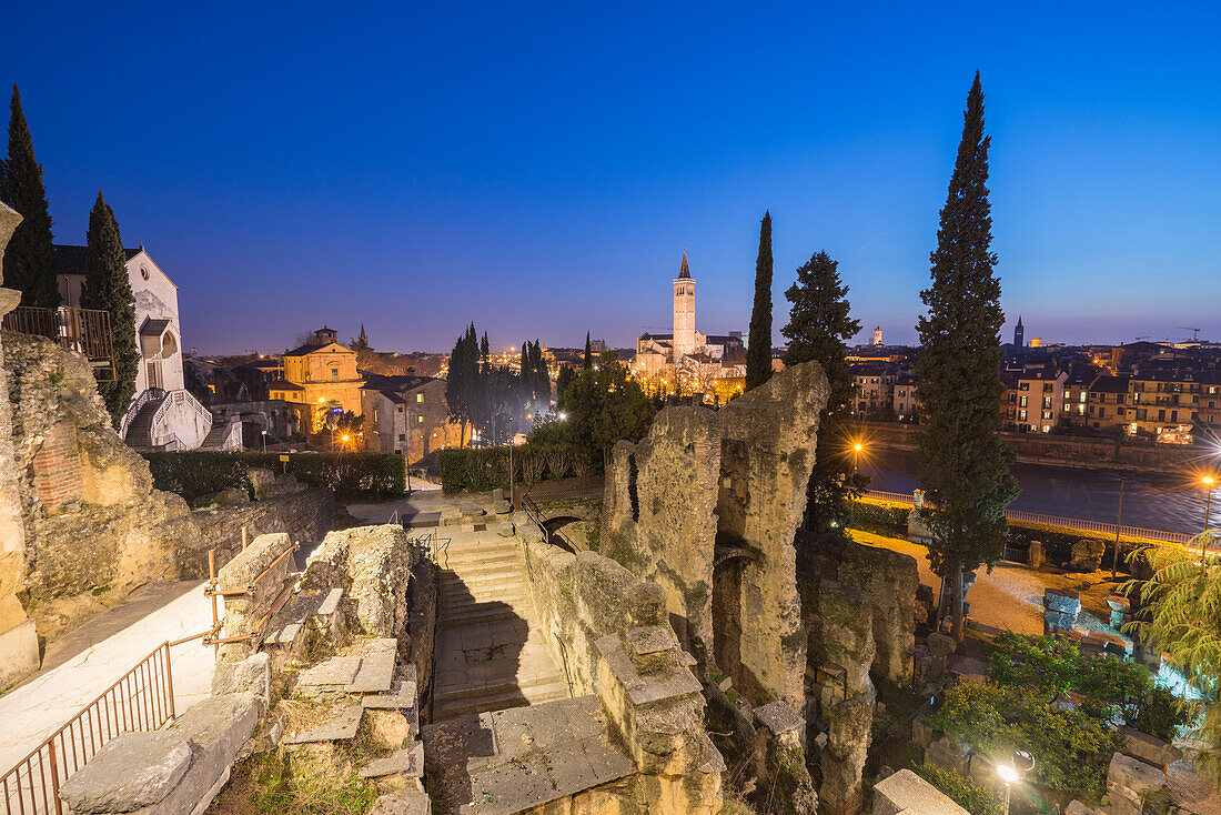 Verona, Veneto, Italy, The Roman archeologic site with Verona in the backgroun