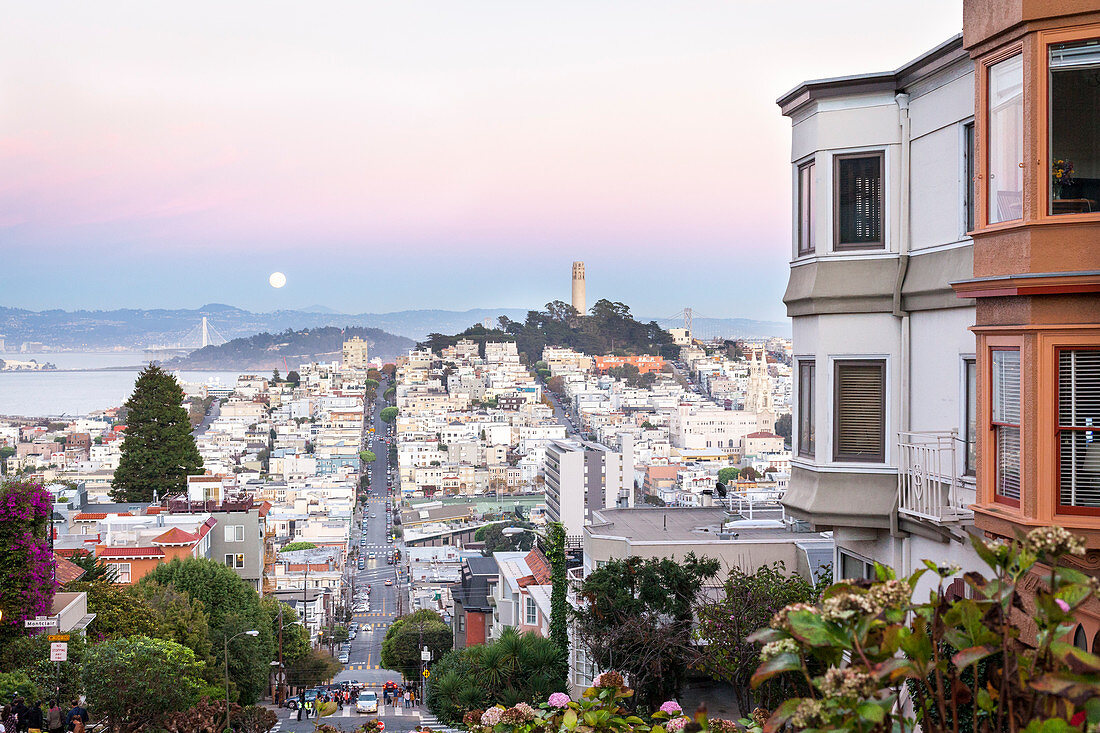 Super moon and view to Bay Area, including San Francisco-Oakland Bay Bridge, San Francisco, California, United States of America, North America