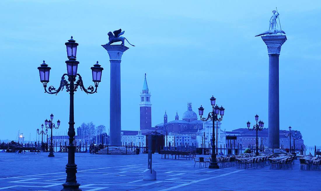 Doge's Palace and Piazzetta against San Giorgio Maggiore in early morning light, Venice, UNESCO World Heritage Site, Veneto, Italy, Europe