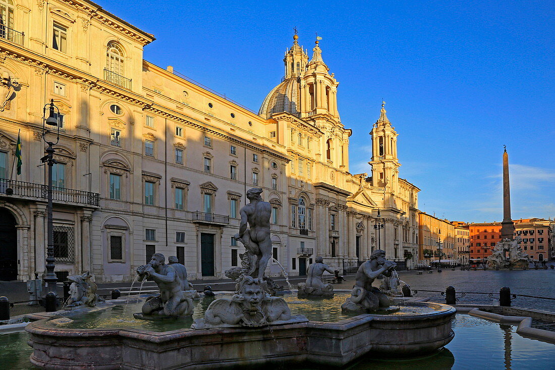 Fontana del Nettuno and Fontana dei Quattro Fiumi in Piazza Navona, Rome, Lazio, Italy, Europe