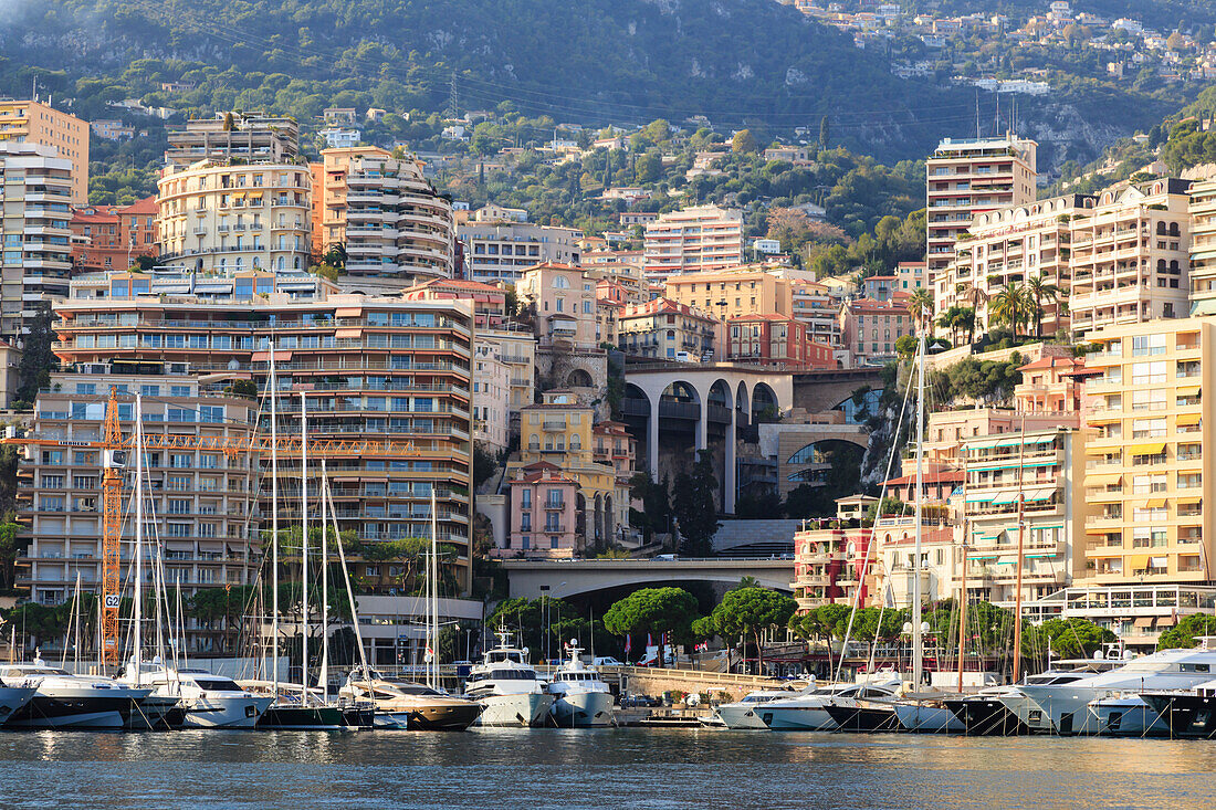 Pastel hues of the glamorous harbour of Monaco (Port Hercules) with many yachts, wooded hill side, Monte Carlo, Monaco, Cote d'Azur, Mediterranean, Europe