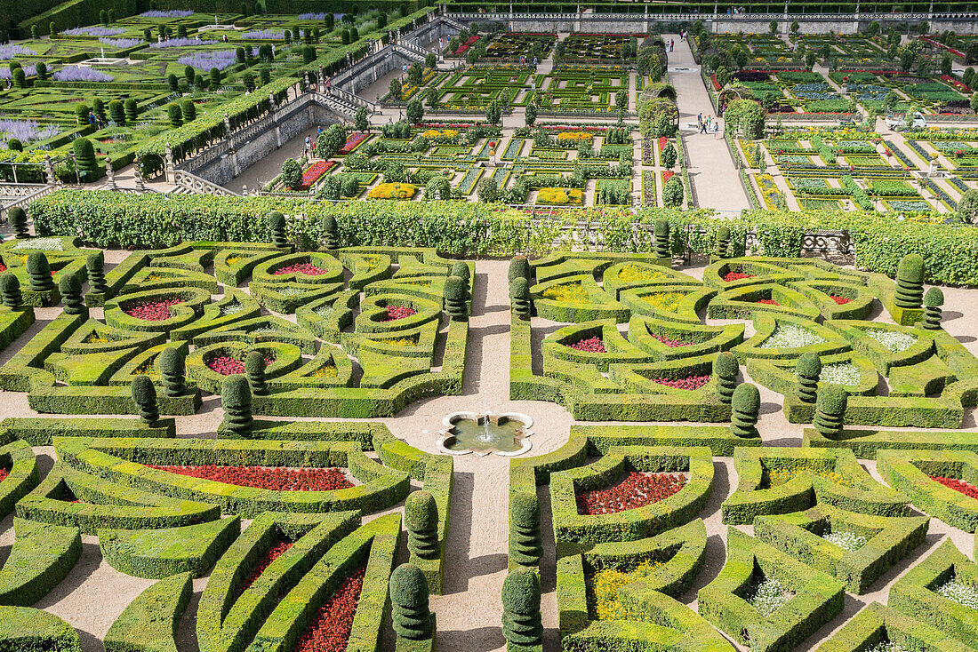 The gardens of Villandry castle from above, Villandry, UNESCO World Heritage Site, Indre-et-Loire, Loire Valley, France, Europe