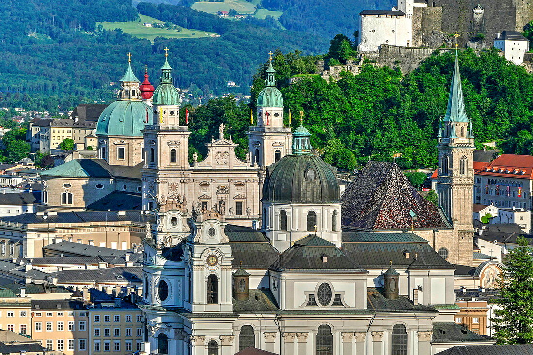 View towards Salzburg Cathedral, Collegiate Church and Fortress Hohensalzburg, Salzburg, Austria, Europe