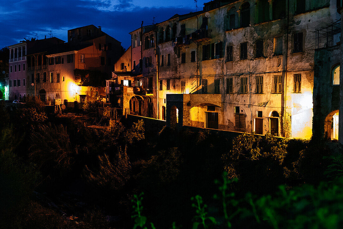 Dolcedo during Blue Hour, River Pino, Liguria, Italy, Europe