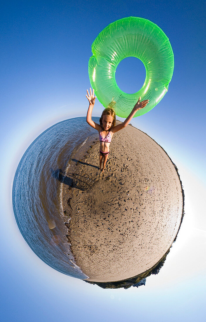 A 360 degree hyper panoramic of a young girl on the beach in Truro, Massachusetts.