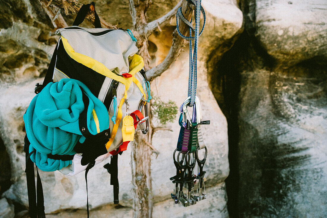 Gear hanging on a tree in Red Rock Canyon, Nevada