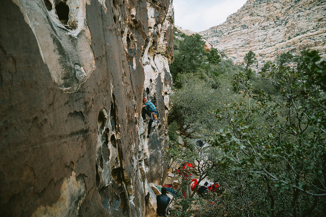 'A climber leading ''Ragged Edges'' (5.7) in Red Rock Canyon, Nevada'