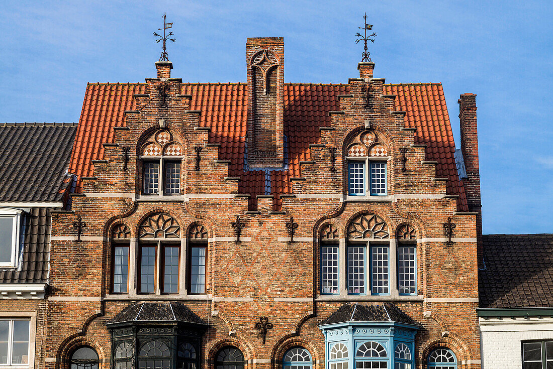 Belgium, Bruges, canalside building detail