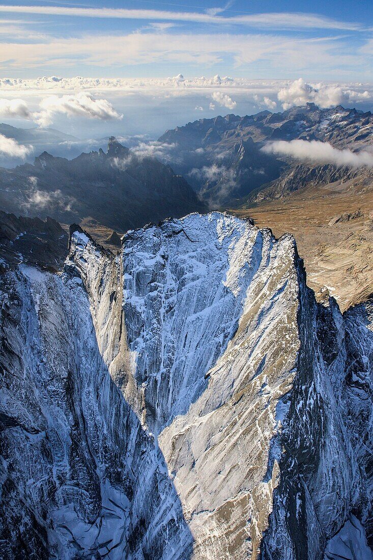 Flying over the north wall of the Piz Badile located between Masino and Val Bregaglia borders Italy Switzerland Europe