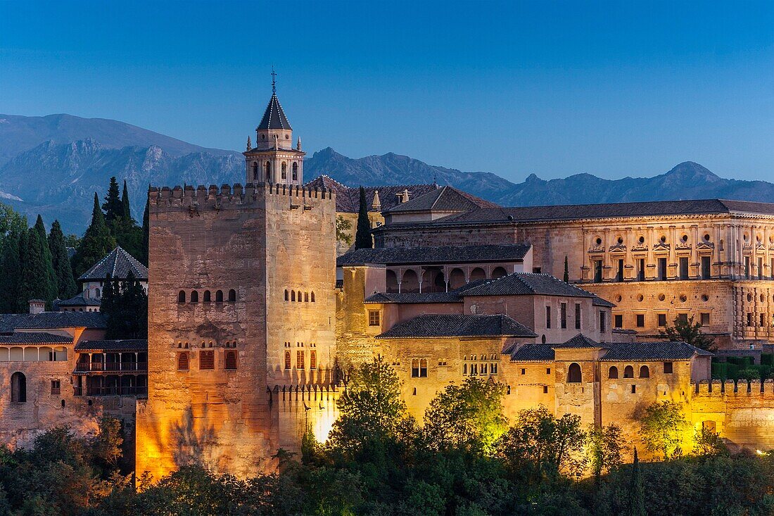 La Alhambra at sunset, moorish citadel and palace designated UNESCO World Heritage Site Granada Andalusia, Spain Europe