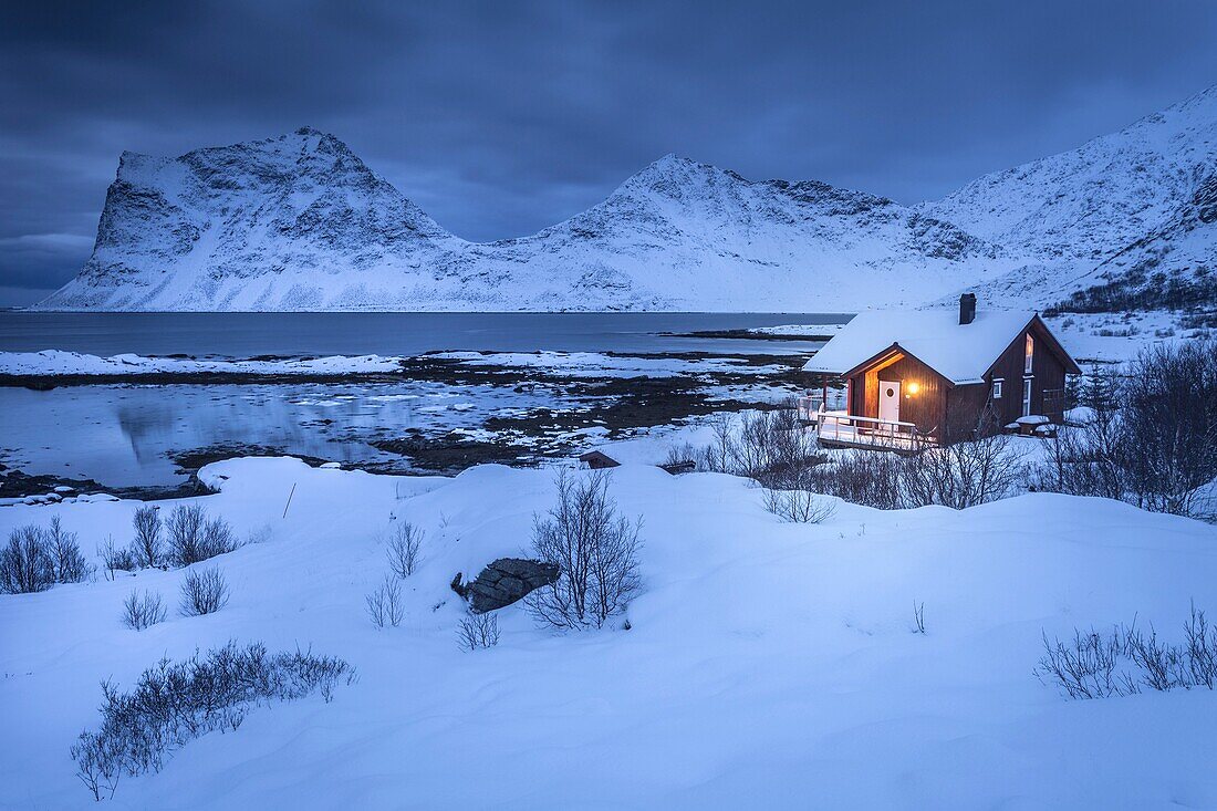 Solitary house at Haukland beach, Lofoten Island, Norway
