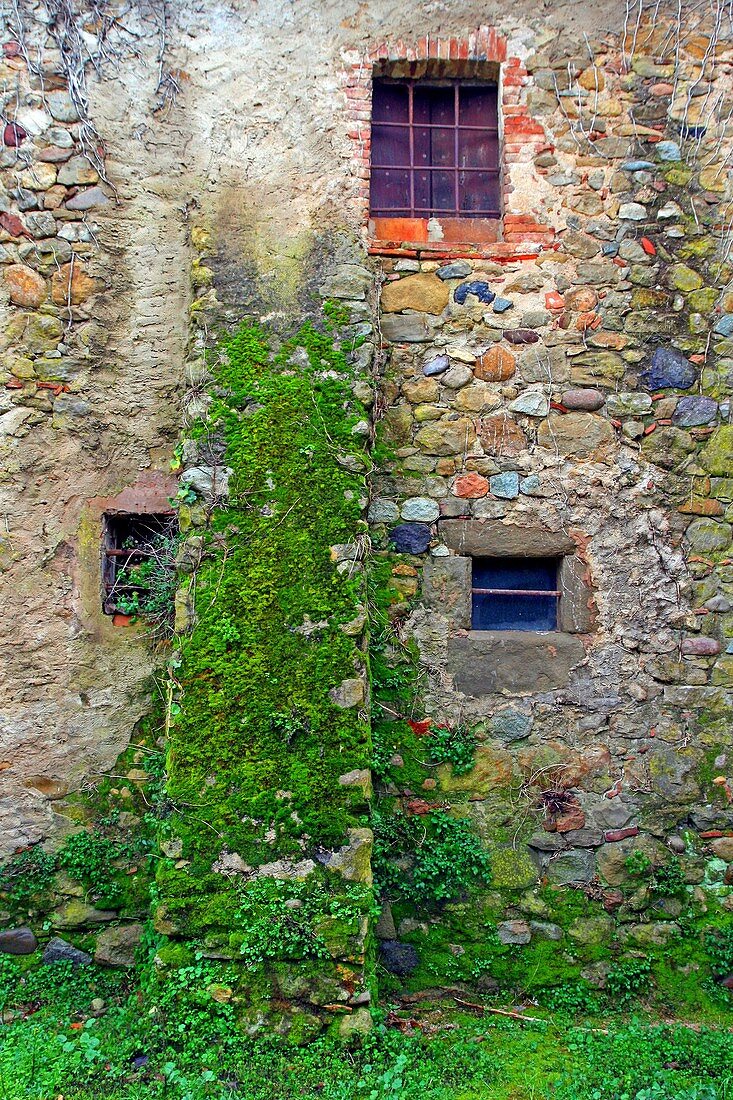 Windows in stone wall, Flaçà, Girona, Catalonia, Spain