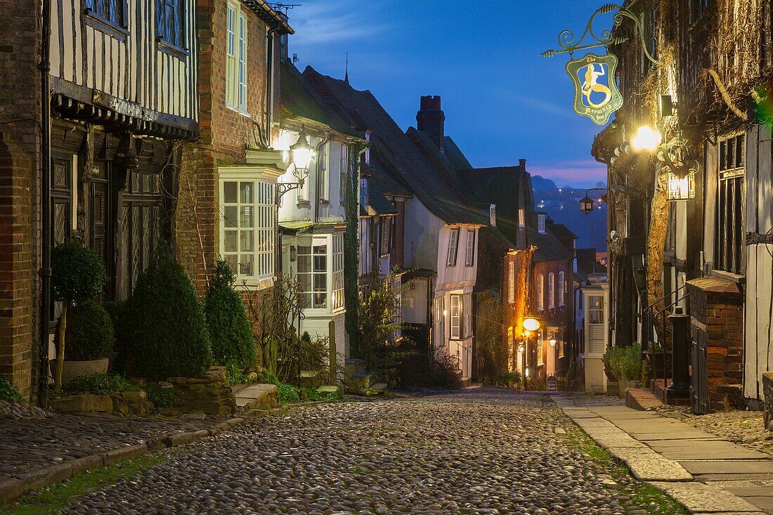 Evening on the iconic Mermaid Street in Rye, East Sussex, England