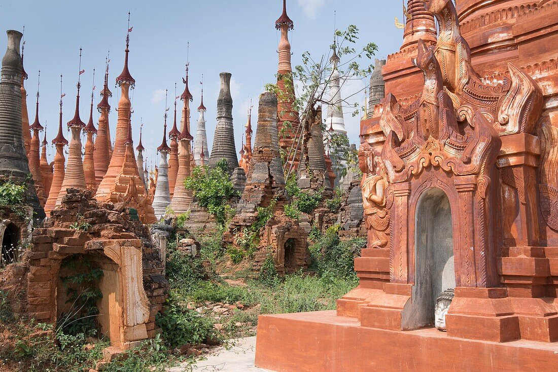 Hundreds of ancient pagodas cover a hillside at Indein near Inle Lake
