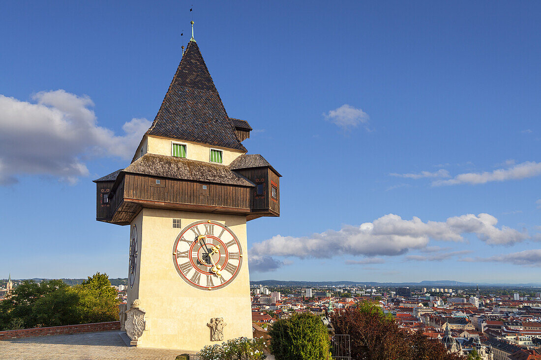 View from the Schlossberg of the clock tower Grazer Uhrenturm and the old town, Graz, Styria, Austria, Europe